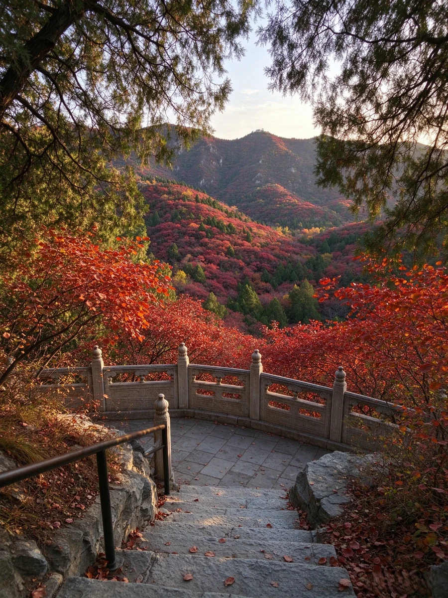 Red and gold autumn foliage around a stone stairway in the hills