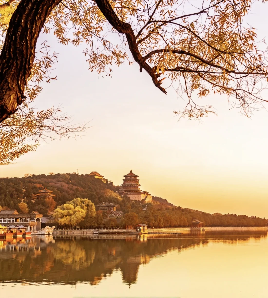 Autumn trees and the Summer Palace reflected in Kunming Lake
