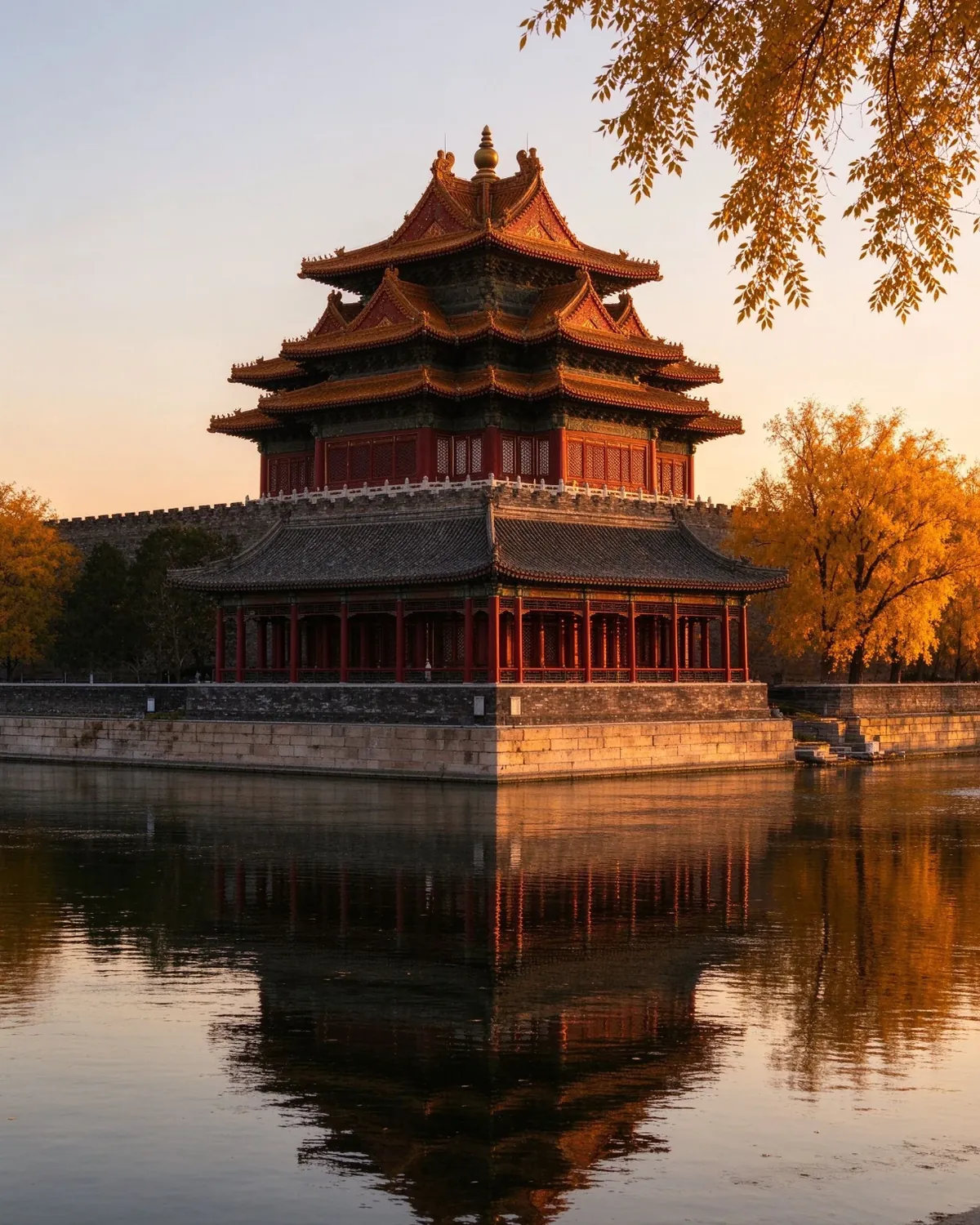 The Forbidden City corner tower at sunset, reflected in the moat outside the palace walls