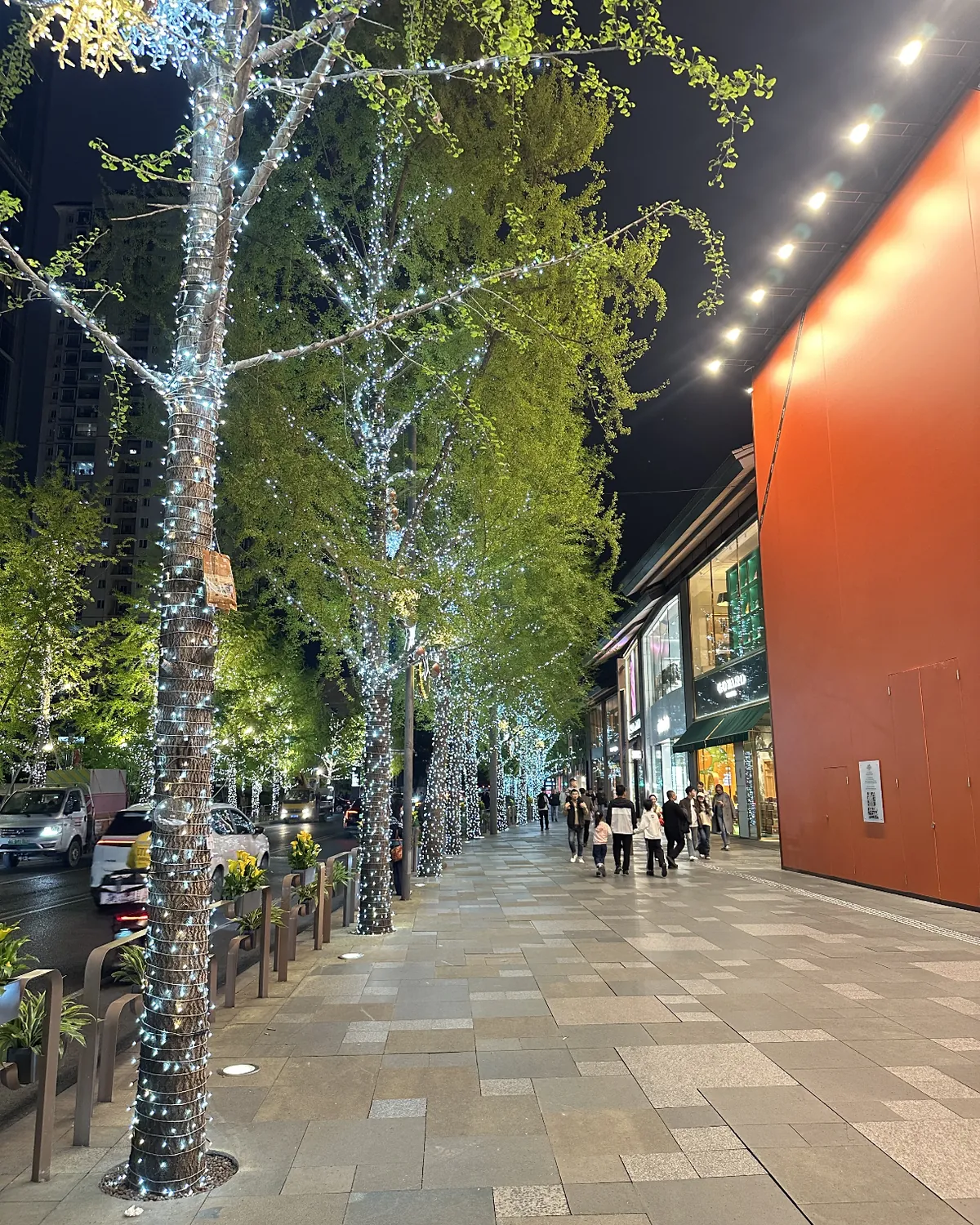 A tree-lined lane in Taikoo Li lit up at night beside a long red temple wall