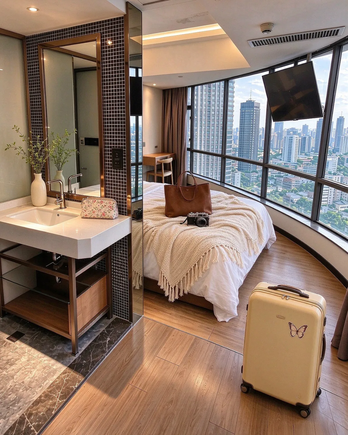 Hotel room with large windows overlooking Guangzhou buildings
