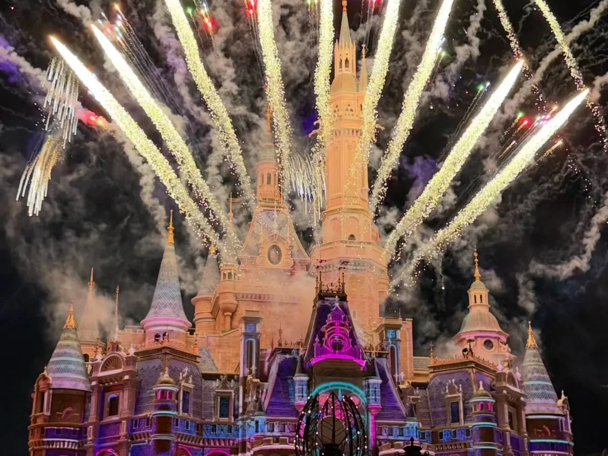 Fireworks bursting over the illuminated castle at Shanghai Disneyland